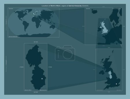 Téléchargez les photos : Nord-Ouest, région du Royaume-Uni. Diagramme montrant l'emplacement de la région sur des cartes à plus grande échelle. Composition des cadres vectoriels et des formes PNG sur un fond solide - en image libre de droit