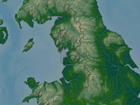 Téléchargez les photos : Nord-Ouest, région du Royaume-Uni. Carte d'altitude colorée avec lacs et rivières - en image libre de droit