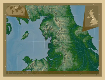 Téléchargez les photos : Nord-Ouest, région du Royaume-Uni. Carte d'altitude colorée avec lacs et rivières. Corner cartes de localisation auxiliaires - en image libre de droit