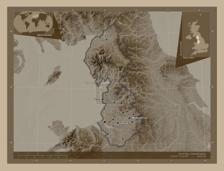 Photo for North West, region of United Kingdom. Elevation map colored in sepia tones with lakes and rivers. Locations and names of major cities of the region. Corner auxiliary location maps - Royalty Free Image