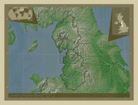 Photo for North West, region of United Kingdom. Elevation map colored in wiki style with lakes and rivers. Locations of major cities of the region. Corner auxiliary location maps - Royalty Free Image