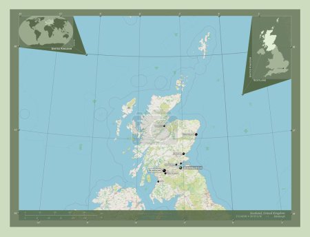 Téléchargez les photos : Ecosse, région du Royaume-Uni. Ouvrir la carte routière. Emplacements et noms des grandes villes de la région. Corner cartes de localisation auxiliaires - en image libre de droit
