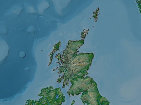 Téléchargez les photos : Ecosse, région du Royaume-Uni. Carte d'altitude colorée avec lacs et rivières - en image libre de droit