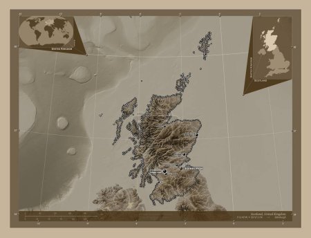 Photo for Scotland, region of United Kingdom. Elevation map colored in sepia tones with lakes and rivers. Locations and names of major cities of the region. Corner auxiliary location maps - Royalty Free Image