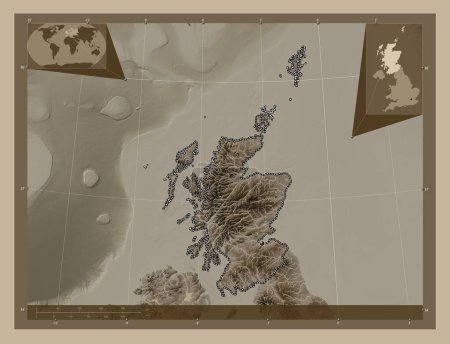 Foto de Escocia, región del Reino Unido. Mapa de elevación coloreado en tonos sepia con lagos y ríos. Mapas de ubicación auxiliares de esquina - Imagen libre de derechos