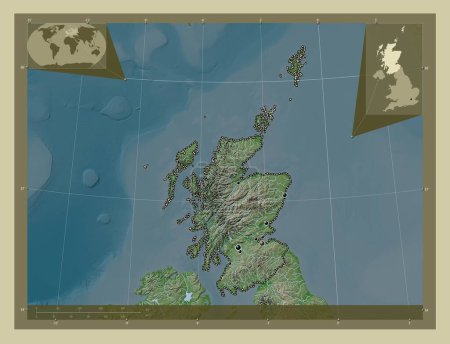 Foto de Escocia, región del Reino Unido. Mapa de elevación coloreado en estilo wiki con lagos y ríos. Ubicaciones de las principales ciudades de la región. Mapas de ubicación auxiliares de esquina - Imagen libre de derechos
