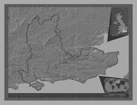 Foto de Sureste, región del Reino Unido. Mapa de elevación de Bilevel con lagos y ríos. Ubicaciones y nombres de las principales ciudades de la región. Mapas de ubicación auxiliares de esquina - Imagen libre de derechos