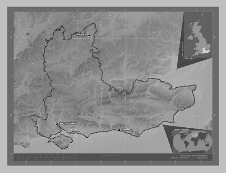 Foto de Sureste, región del Reino Unido. Mapa de elevación a escala de grises con lagos y ríos. Ubicaciones y nombres de las principales ciudades de la región. Mapas de ubicación auxiliares de esquina - Imagen libre de derechos