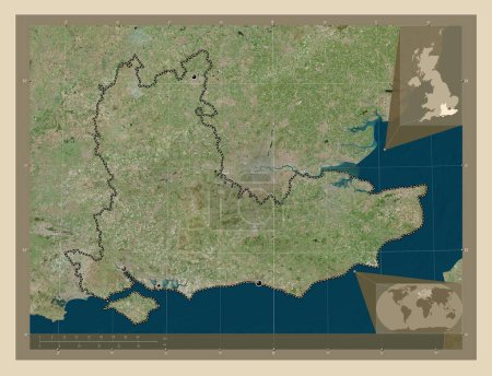 Foto de Sureste, región del Reino Unido. Mapa satelital de alta resolución. Ubicaciones de las principales ciudades de la región. Mapas de ubicación auxiliares de esquina - Imagen libre de derechos