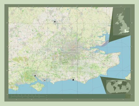 Foto de Sureste, región del Reino Unido. Open Street Map. Ubicaciones de las principales ciudades de la región. Mapas de ubicación auxiliares de esquina - Imagen libre de derechos