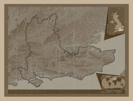 Photo for South East, region of United Kingdom. Elevation map colored in sepia tones with lakes and rivers. Locations and names of major cities of the region. Corner auxiliary location maps - Royalty Free Image