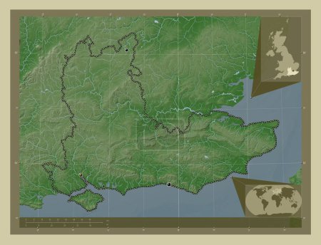 Photo for South East, region of United Kingdom. Elevation map colored in wiki style with lakes and rivers. Locations of major cities of the region. Corner auxiliary location maps - Royalty Free Image