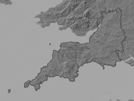 Foto de Suroeste, región del Reino Unido. Mapa de elevación de Bilevel con lagos y ríos - Imagen libre de derechos