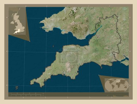 Foto de Suroeste, región del Reino Unido. Mapa satelital de alta resolución. Mapas de ubicación auxiliares de esquina - Imagen libre de derechos