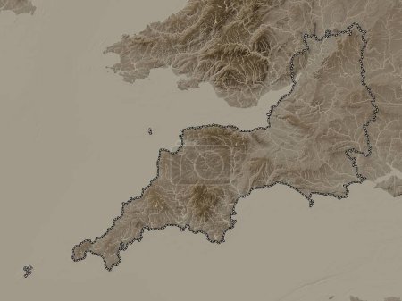 Téléchargez les photos : Sud-ouest, région du Royaume-Uni. Carte d'altitude colorée dans des tons sépia avec des lacs et des rivières - en image libre de droit
