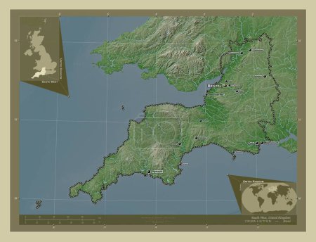 Téléchargez les photos : Sud-ouest, région du Royaume-Uni. Carte d'altitude colorée dans le style wiki avec des lacs et des rivières. Emplacements et noms des grandes villes de la région. Corner cartes de localisation auxiliaires - en image libre de droit