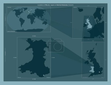 Téléchargez les photos : Pays de Galles, région du Royaume-Uni. Diagramme montrant l'emplacement de la région sur des cartes à plus grande échelle. Composition des cadres vectoriels et des formes PNG sur un fond solide - en image libre de droit