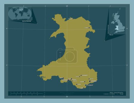Foto de Gales, región del Reino Unido. Forma de color sólido. Ubicaciones y nombres de las principales ciudades de la región. Mapas de ubicación auxiliares de esquina - Imagen libre de derechos