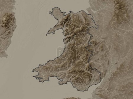 Foto de Gales, región del Reino Unido. Mapa de elevación coloreado en tonos sepia con lagos y ríos - Imagen libre de derechos