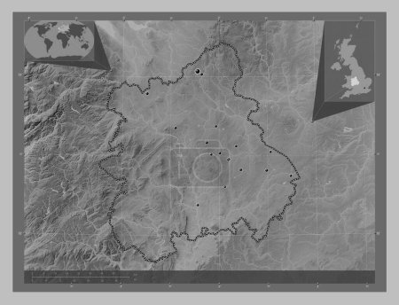 Photo for West Midlands, region of United Kingdom. Grayscale elevation map with lakes and rivers. Locations of major cities of the region. Corner auxiliary location maps - Royalty Free Image