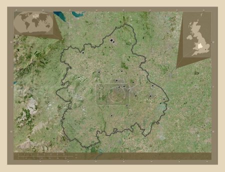 Foto de West Midlands, región del Reino Unido. Mapa satelital de alta resolución. Ubicaciones de las principales ciudades de la región. Mapas de ubicación auxiliares de esquina - Imagen libre de derechos