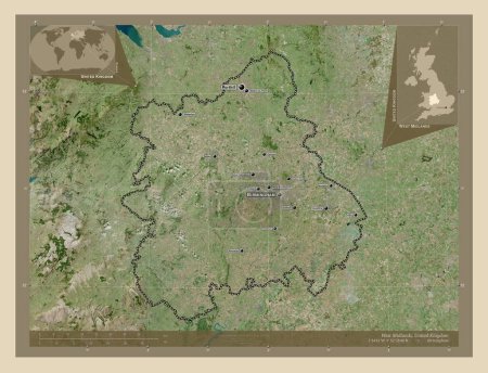 Foto de West Midlands, región del Reino Unido. Mapa satelital de alta resolución. Ubicaciones y nombres de las principales ciudades de la región. Mapas de ubicación auxiliares de esquina - Imagen libre de derechos