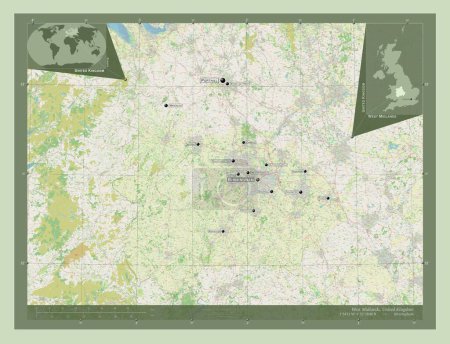 Foto de West Midlands, región del Reino Unido. Open Street Map. Ubicaciones y nombres de las principales ciudades de la región. Mapas de ubicación auxiliares de esquina - Imagen libre de derechos