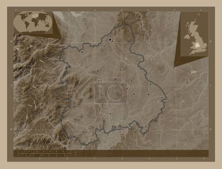 Photo for West Midlands, region of United Kingdom. Elevation map colored in sepia tones with lakes and rivers. Locations of major cities of the region. Corner auxiliary location maps - Royalty Free Image