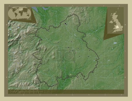 Téléchargez les photos : West Midlands, région du Royaume-Uni. Carte d'altitude colorée dans le style wiki avec des lacs et des rivières. Emplacements des grandes villes de la région. Corner cartes de localisation auxiliaires - en image libre de droit