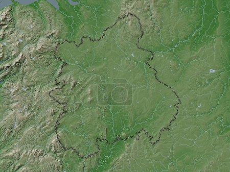 Téléchargez les photos : West Midlands, région du Royaume-Uni. Carte d'altitude colorée dans le style wiki avec des lacs et des rivières - en image libre de droit