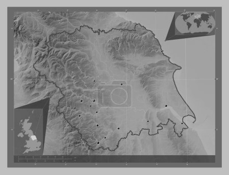 Photo for Yorkshire and the Humber, region of United Kingdom. Grayscale elevation map with lakes and rivers. Locations of major cities of the region. Corner auxiliary location maps - Royalty Free Image