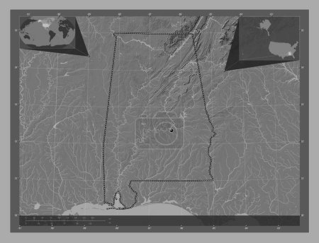 Foto de Alabama, estado de los Estados Unidos de América. Mapa de elevación de Bilevel con lagos y ríos. Mapas de ubicación auxiliares de esquina - Imagen libre de derechos