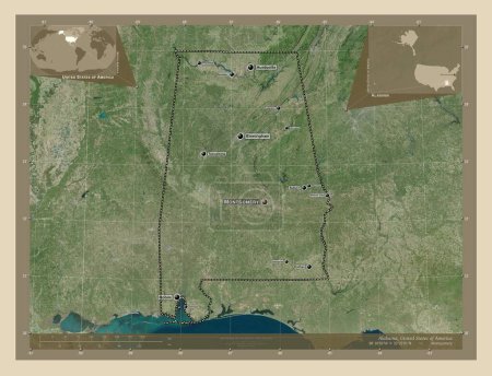 Téléchargez les photos : Alabama, État des États-Unis. Carte satellite haute résolution. Emplacements et noms des grandes villes de la région. Corner cartes de localisation auxiliaires - en image libre de droit