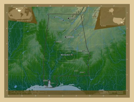 Téléchargez les photos : Alabama, État des États-Unis. Carte d'altitude colorée avec lacs et rivières. Emplacements et noms des grandes villes de la région. Corner cartes de localisation auxiliaires - en image libre de droit