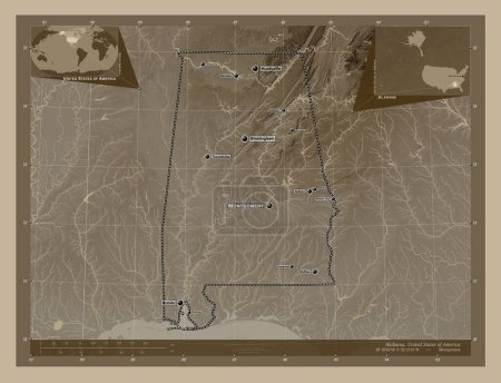 Photo for Alabama, state of United States of America. Elevation map colored in sepia tones with lakes and rivers. Locations and names of major cities of the region. Corner auxiliary location maps - Royalty Free Image