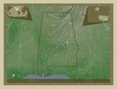 Photo for Alabama, state of United States of America. Elevation map colored in wiki style with lakes and rivers. Locations of major cities of the region. Corner auxiliary location maps - Royalty Free Image
