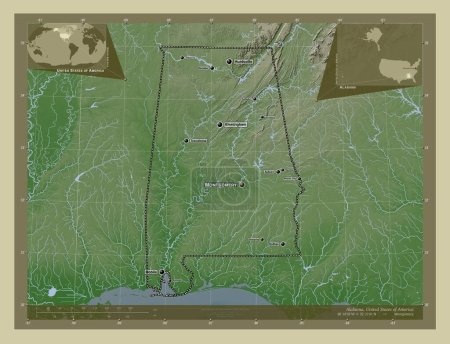 Photo for Alabama, state of United States of America. Elevation map colored in wiki style with lakes and rivers. Locations and names of major cities of the region. Corner auxiliary location maps - Royalty Free Image
