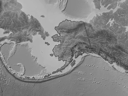 Téléchargez les photos : Alaska, État des États-Unis d'Amérique. Carte d'altitude en niveaux de gris avec lacs et rivières - en image libre de droit
