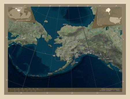 Foto de Alaska, estado de los Estados Unidos de América. Mapa satelital de alta resolución. Ubicaciones y nombres de las principales ciudades de la región. Mapas de ubicación auxiliares de esquina - Imagen libre de derechos