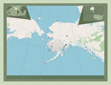 Téléchargez les photos : Alaska, État des États-Unis d'Amérique. Ouvrir la carte routière. Emplacements des grandes villes de la région. Corner cartes de localisation auxiliaires - en image libre de droit