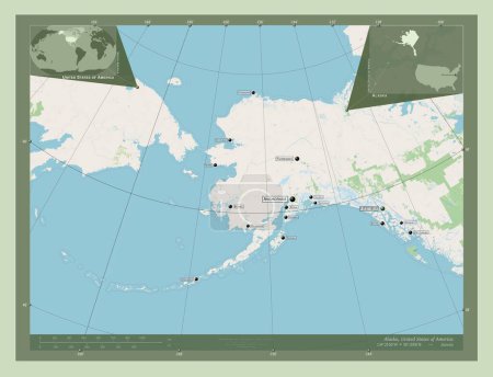 Téléchargez les photos : Alaska, État des États-Unis d'Amérique. Ouvrir la carte routière. Emplacements et noms des grandes villes de la région. Corner cartes de localisation auxiliaires - en image libre de droit