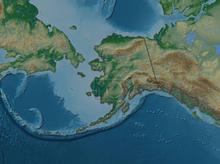 Téléchargez les photos : Alaska, État des États-Unis d'Amérique. Carte d'altitude colorée avec lacs et rivières - en image libre de droit