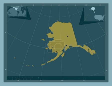 Foto de Alaska, estado de los Estados Unidos de América. Forma de color sólido. Ubicaciones de las principales ciudades de la región. Mapas de ubicación auxiliares de esquina - Imagen libre de derechos
