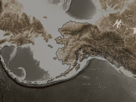 Téléchargez les photos : Alaska, État des États-Unis d'Amérique. Carte d'altitude colorée dans des tons sépia avec des lacs et des rivières - en image libre de droit