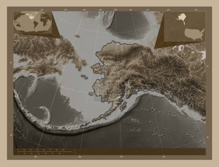 Foto de Alaska, estado de los Estados Unidos de América. Mapa de elevación coloreado en tonos sepia con lagos y ríos. Mapas de ubicación auxiliares de esquina - Imagen libre de derechos