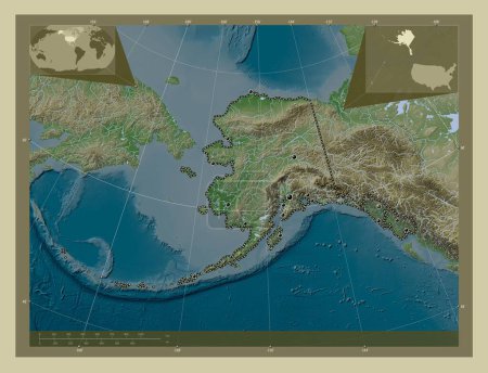 Foto de Alaska, estado de los Estados Unidos de América. Mapa de elevación coloreado en estilo wiki con lagos y ríos. Ubicaciones de las principales ciudades de la región. Mapas de ubicación auxiliares de esquina - Imagen libre de derechos