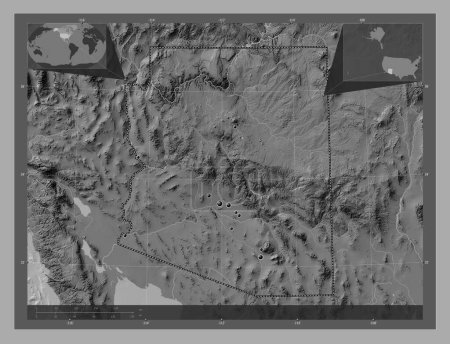 Foto de Arizona, estado de los Estados Unidos de América. Mapa de elevación de Bilevel con lagos y ríos. Ubicaciones de las principales ciudades de la región. Mapas de ubicación auxiliares de esquina - Imagen libre de derechos