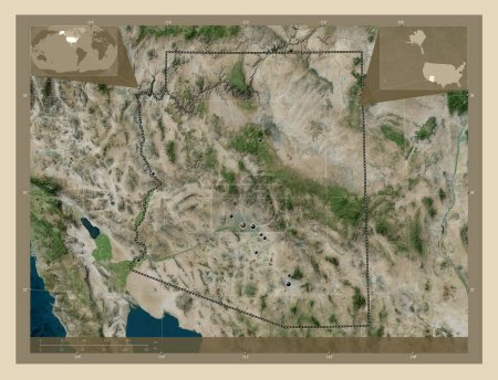 Téléchargez les photos : Arizona, État des États-Unis d'Amérique. Carte satellite haute résolution. Emplacements des grandes villes de la région. Corner cartes de localisation auxiliaires - en image libre de droit