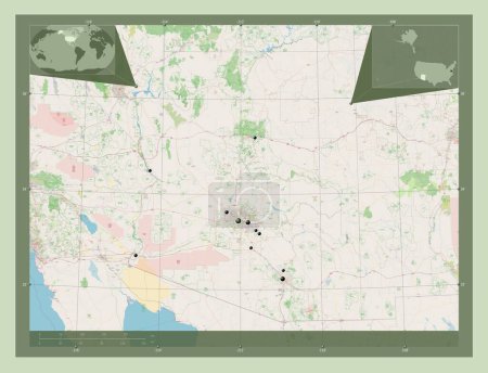 Foto de Arizona, estado de los Estados Unidos de América. Open Street Map. Ubicaciones de las principales ciudades de la región. Mapas de ubicación auxiliares de esquina - Imagen libre de derechos