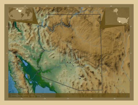 Foto de Arizona, estado de los Estados Unidos de América. Mapa de elevación de colores con lagos y ríos. Ubicaciones de las principales ciudades de la región. Mapas de ubicación auxiliares de esquina - Imagen libre de derechos